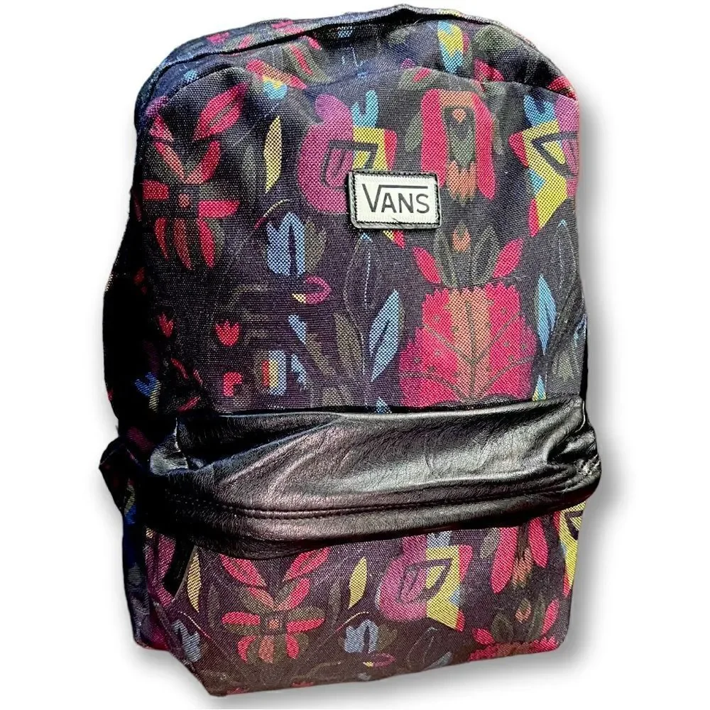 VANS BackPack BookBag Back To School Abstract Floral Leather Accent
